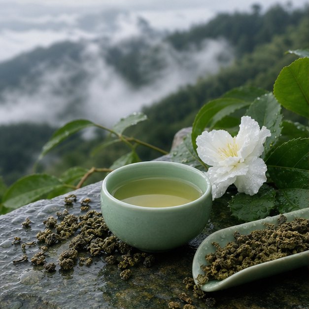 山霧前的青瓷茶杯、白花與霧林烏龍茶葉