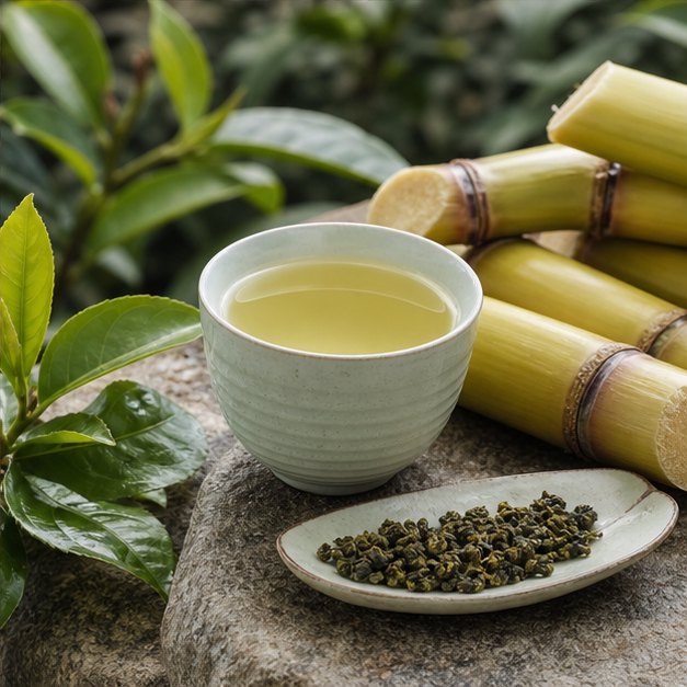 青綠茶葉、甘蔗與淡色金萱茶湯